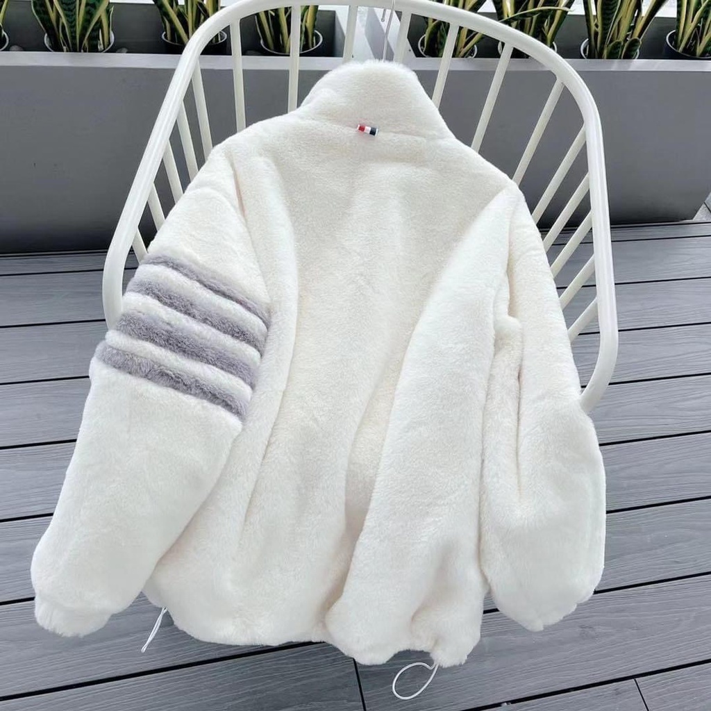 Áo Khoác Lông Thome Mượt Dày Dặn Cao Cấp - Áo Khoác Lông Cừu Phối 4 Sọc Tay Fom Dáng Unisex Nam Nữ