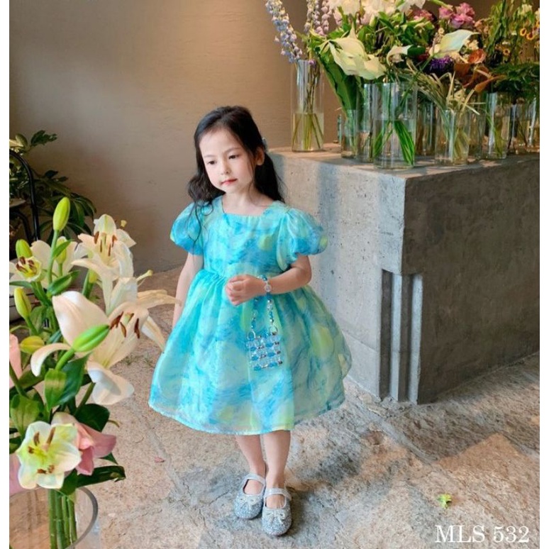Đầm Bé Gái 1- 10 Tuổi 7-30kg Xuất Hàn Melisa Váy Xinh Cho Bé Cổ Vuông Hình Trái Tim Chất Liệu Tơ Mềm Đi Học Chơi Tiệc