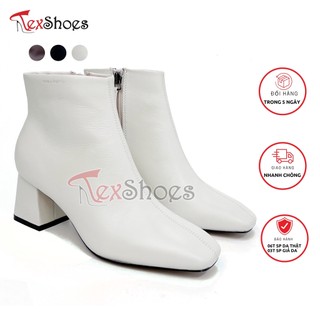 Giày bốt nữ da bò thời trang cao cấp, bốt công sở mũi vuông chỉ dọc VNXK TEX SHOES