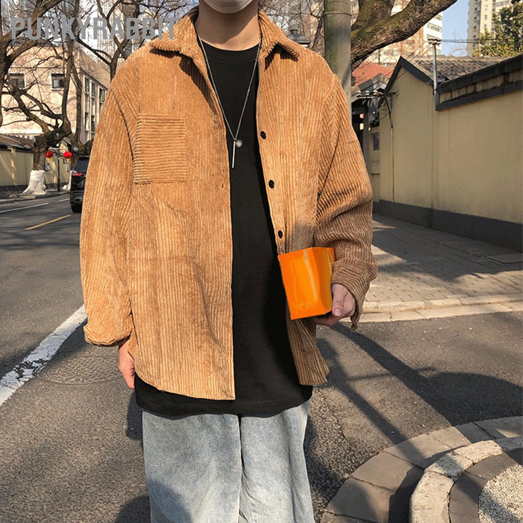 PunkyRabbit Áo sơ mi vải nhung Dài tay có khuy cài áo bằng khoác dài họa tiết quá khổ cổ điển cho nam