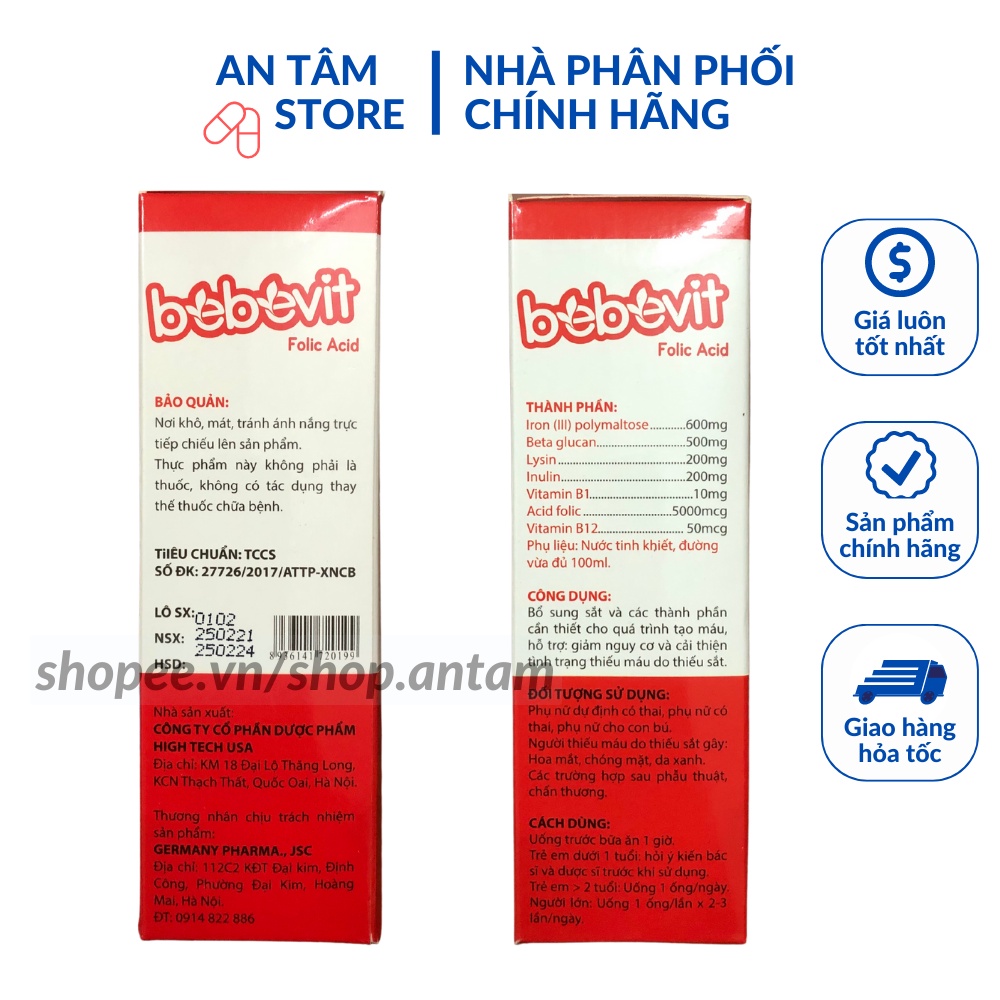 Bebevit Folic Acid bổ xung sắt và các thành phần thiết yếu cho quá trình tạo máu
