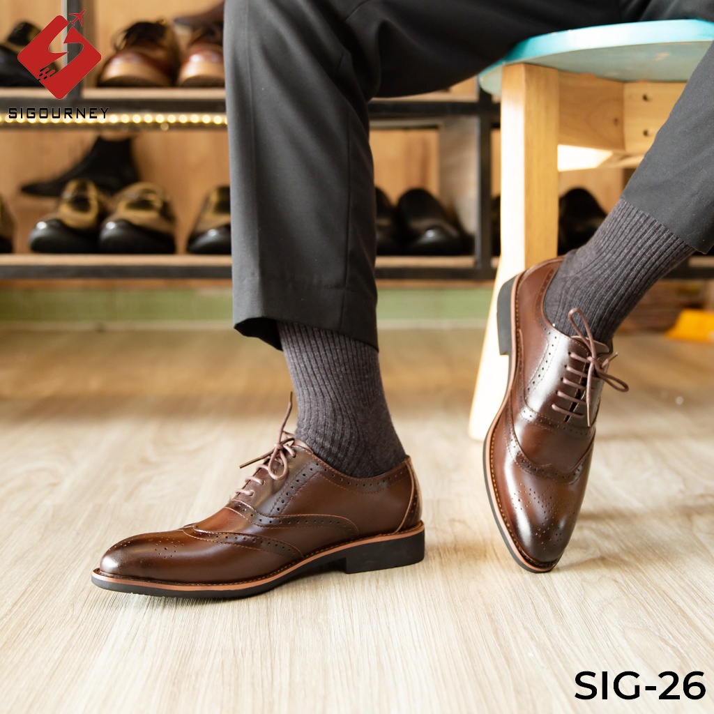 Giày Oxford Nam Họa Tiết Brogues Đục Lỗ Cực Đẹp SIGOURNEY Da Bò Màu Nâu Patian SIG-26 Bảo Hành 18 Tháng