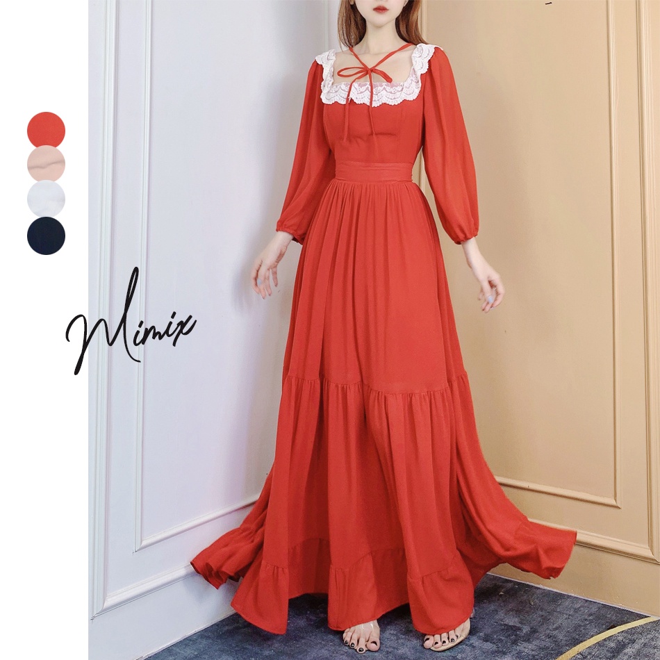 Đầm maxi nữ trơn phối ren cổ vuông tay dài MIMIX CK2240