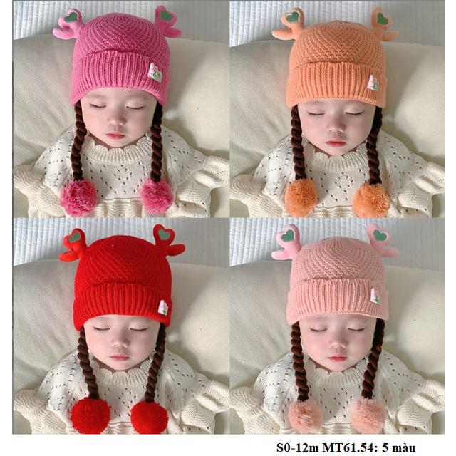 MT61 mũ len có 2 bím tóc giả dễ thương cho bé gái S0-12m