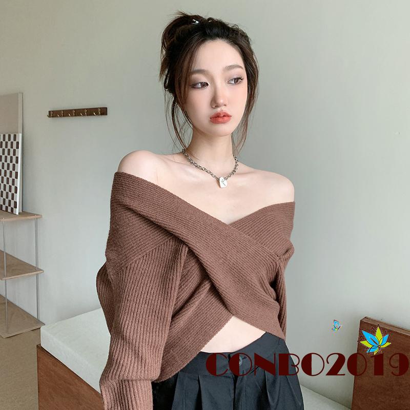 Áo Sweater Dệt Kim Tay Dài Màu Sắc Đơn Giản Cho Nữ
