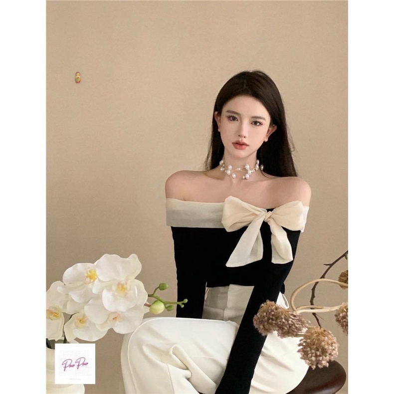 Áo kiểu bẹt vai viền voan nơ ngực tay dài cực hot , chất thun bozip dày dặn mềm mát