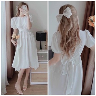 Đầm midi đi tiệc trắng lệch tà nơ sau (kèm hình thật)
