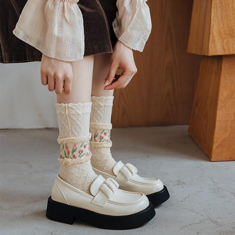 Vớ Dài Trung Bình Họa Tiết Hoa Tulip Mori Thu Đông Mới Cho Nữ ruiyan HB