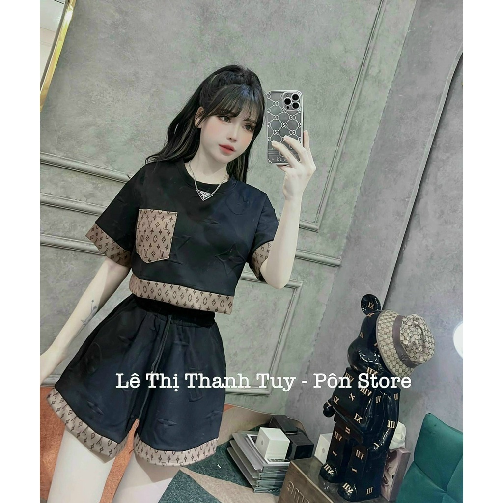 Set bộ thời trang nữ sang chảnh đi chơi chất dạ cổ tròn tay ngắn có túi chữ nổi quần đùi chử nổi midi phong cách trẻ