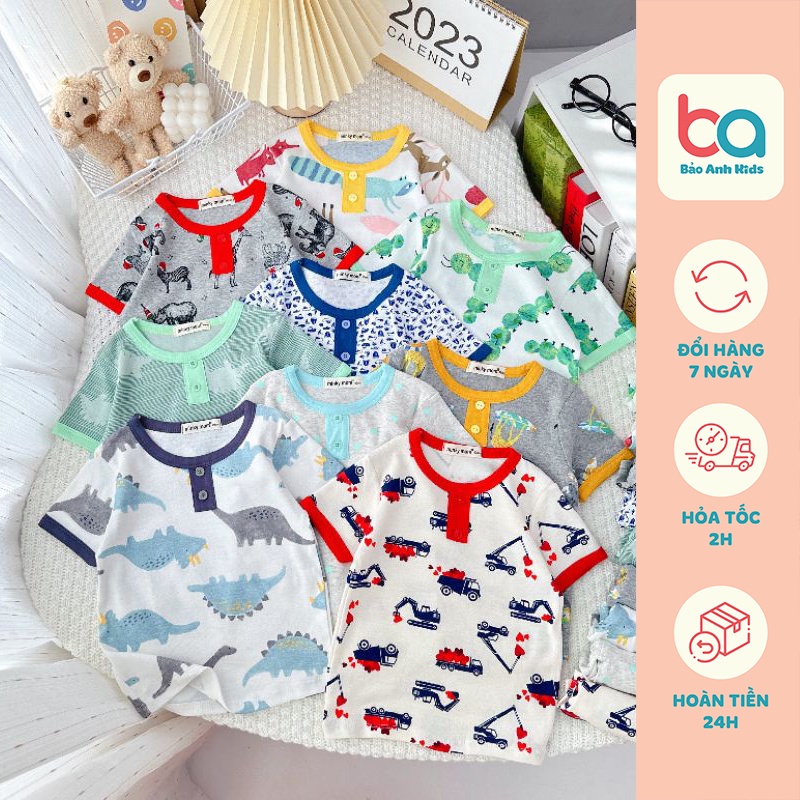 Bộ Cộc Tay Bé Trai, Bé Gái Minky Mom Cổ Trụ Chất Vải Cotton Borip Xuất Hàn