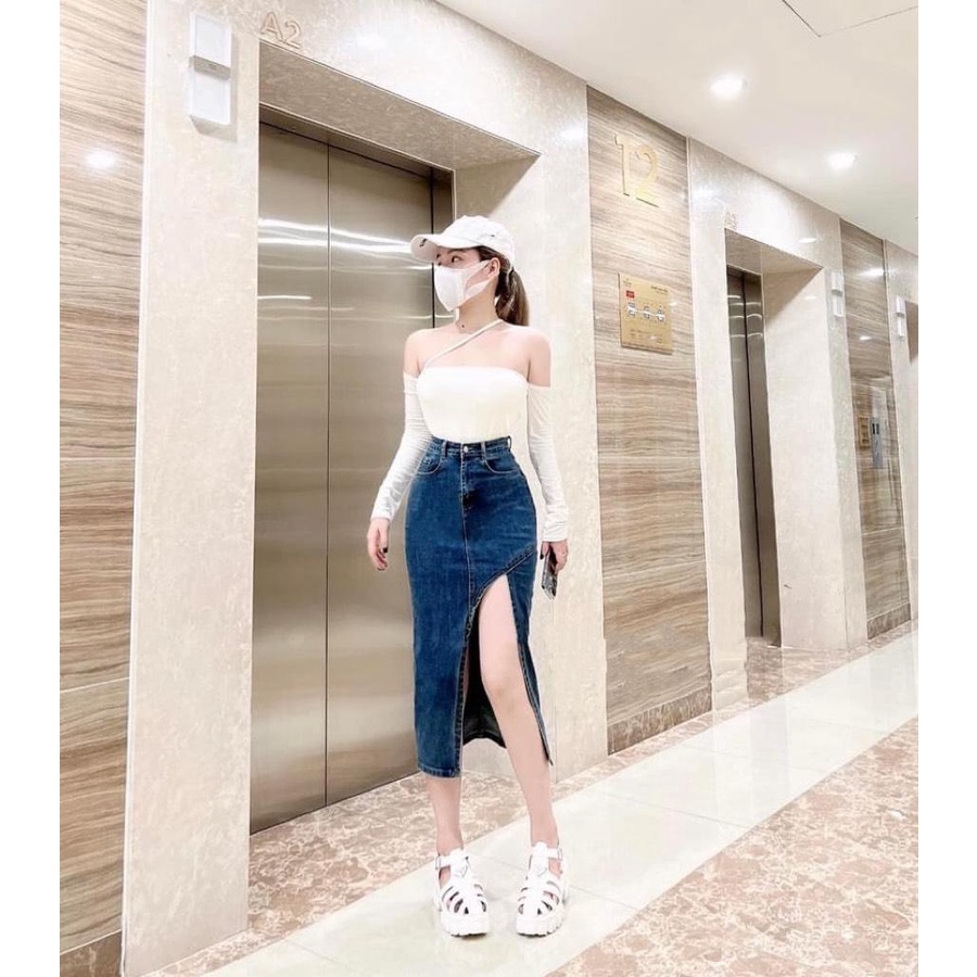 Chân váy jean nữ co giãn xẻ M007 (TẶNG KÈM DÂY XÍCH)