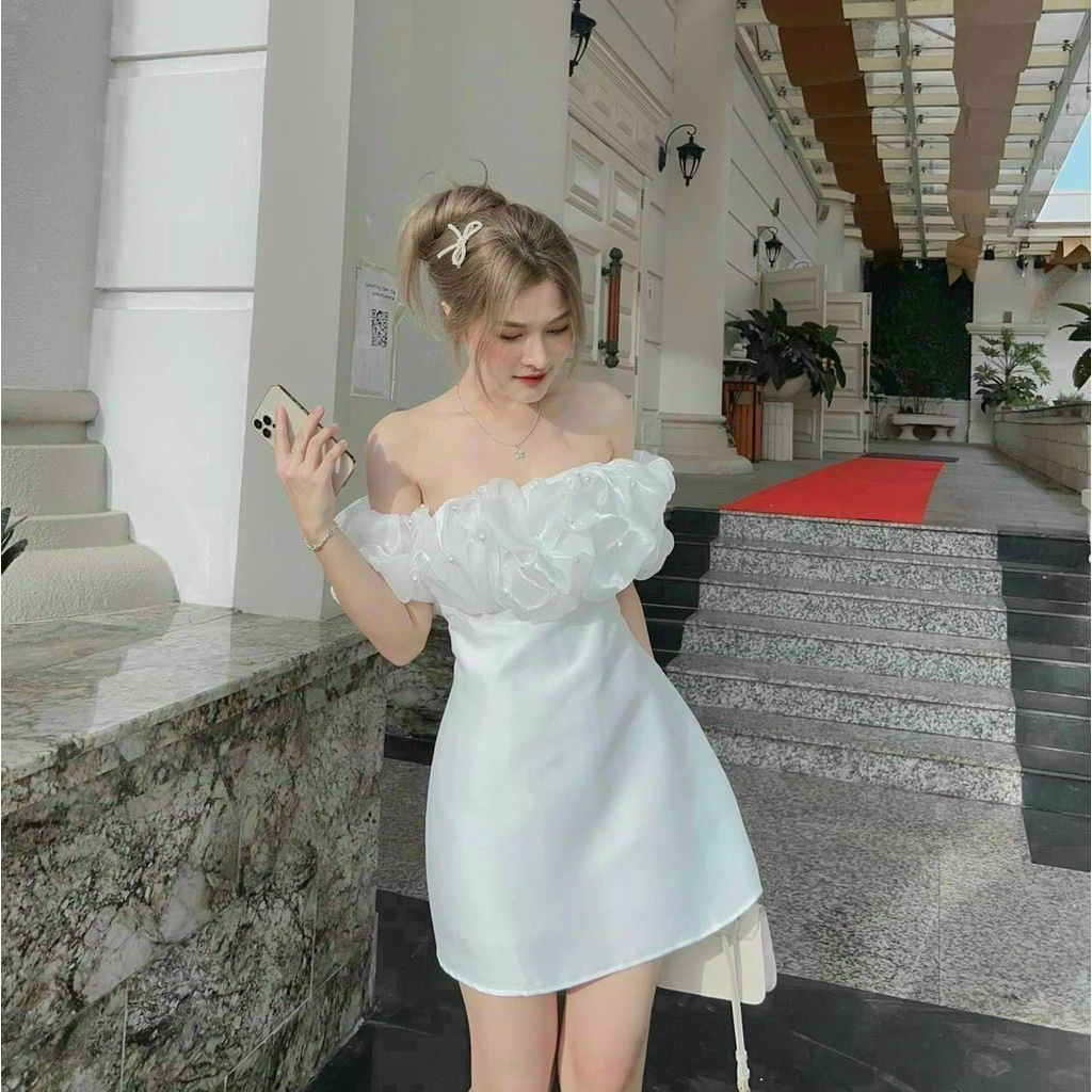 Đầm ngắn dáng chữ A bèo ngực cá tính kiểu đầm đự tiệc trễ vai trẻ trung quyến rũ chất umi dày dặn thời trang nữ VESTA