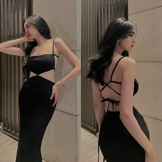 Đầm xốp nổi co giãn ôm body dáng dài 2 dây hở đan thắt lưng, váy đen trơn đơn giản đi chơi dạo phố dự tiệc quyến rũ