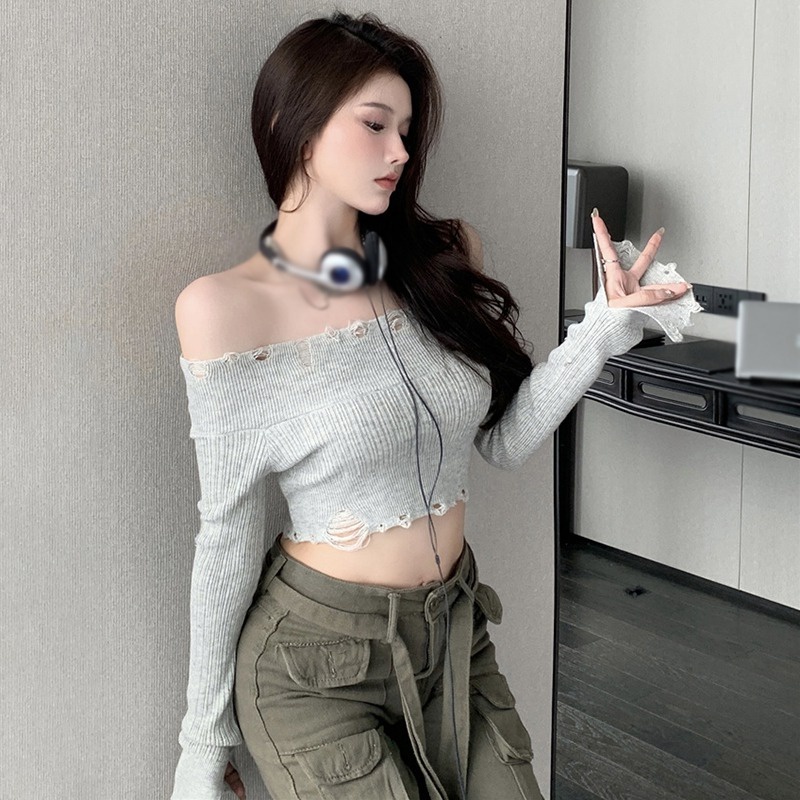 Áo Croptop Dệt Kim Tay Dài Trễ Vai Kiểu Hàn Quốc Gợi Cảm Cho Nữ