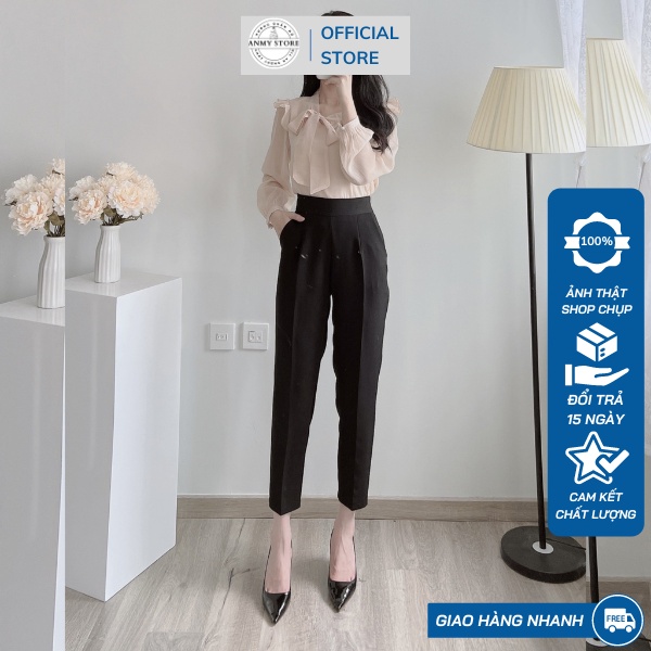 Quần tây nữ lưng cao ANMY dáng baggy cạp cao siêu tôn dáng ống đứng chuẩn đẹp khóa sườn đen trắng nâu Q536