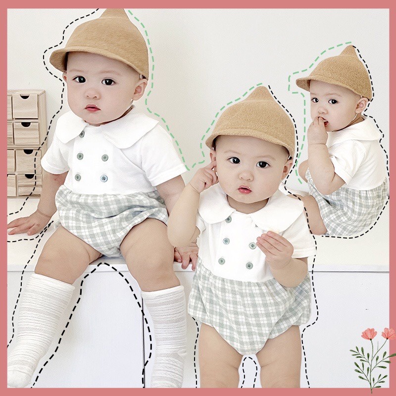 Bộ Body Chip ngắn tay cho bé đi dự tiệc, áo liền quần Ngắn Tay Cho Bé Trai thiết kế sơ mi trắng quần kẻ công tử Cuabebe