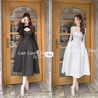 Đầm dáng xoè phối ren xoắn cổ khoét ngực