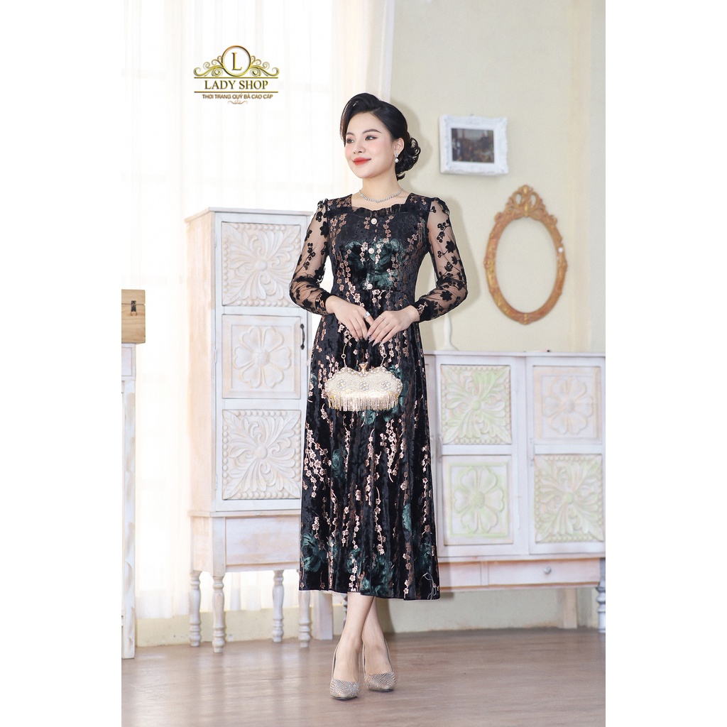 Đầm nhung cành đào cổ bèo tay phối ren Ladyshop thời trang trung niên cao cấp T50