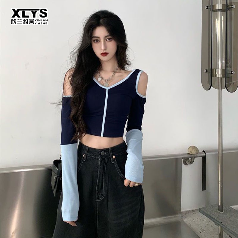 Áo thun XINLANYASHE tay dài trễ vai dáng ôm vừa vặn cho nữ