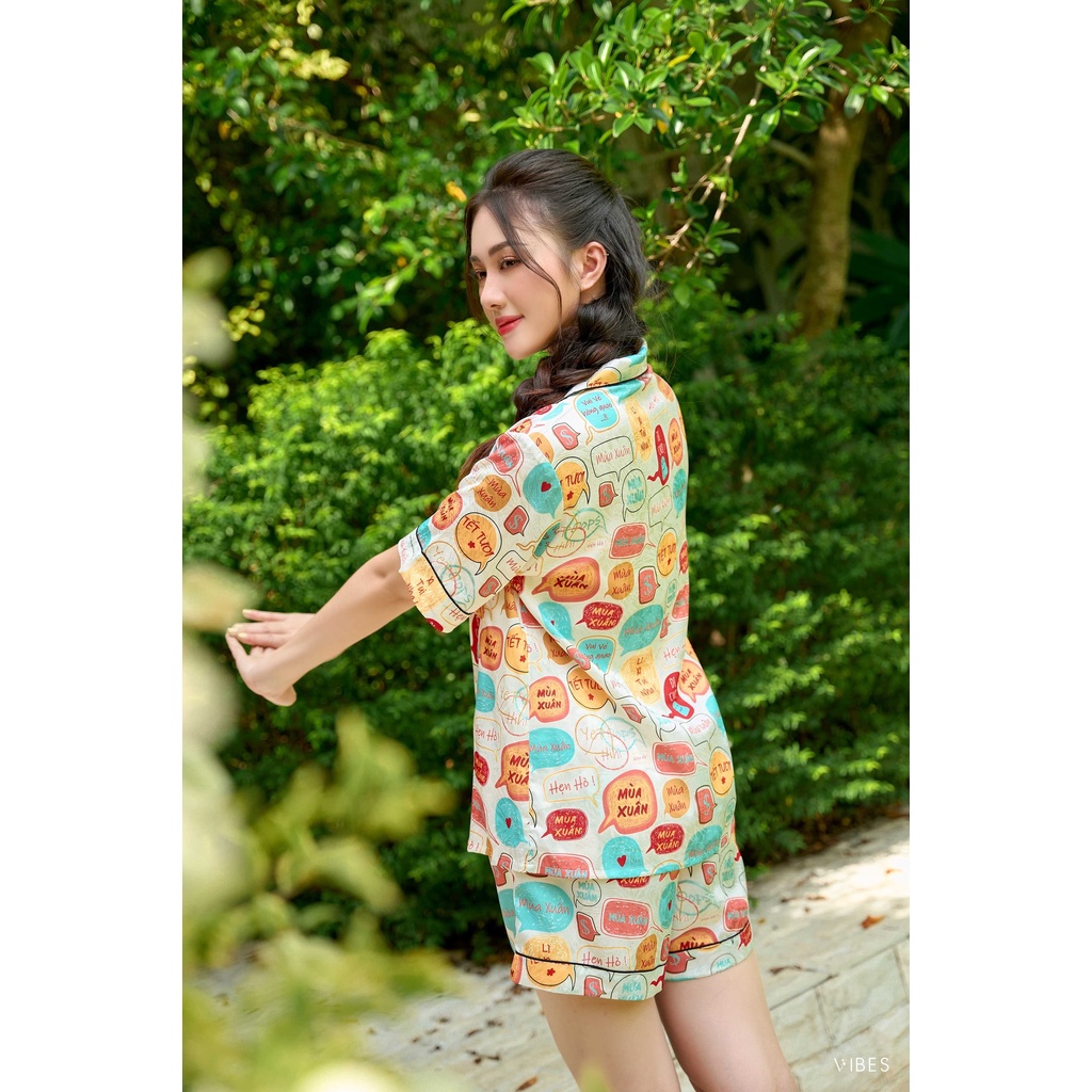 VIBES Bộ pijama ngắn lụa gấm cao cấp Lixi Py Set in White