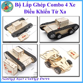 Đồ chơi stem - Bộ lắp ghép combo 4 sản phẩm oto, xe tăng điều khiển từ xa chạy bằng Pin AA. Đồ chơi giáo dục stem, steam