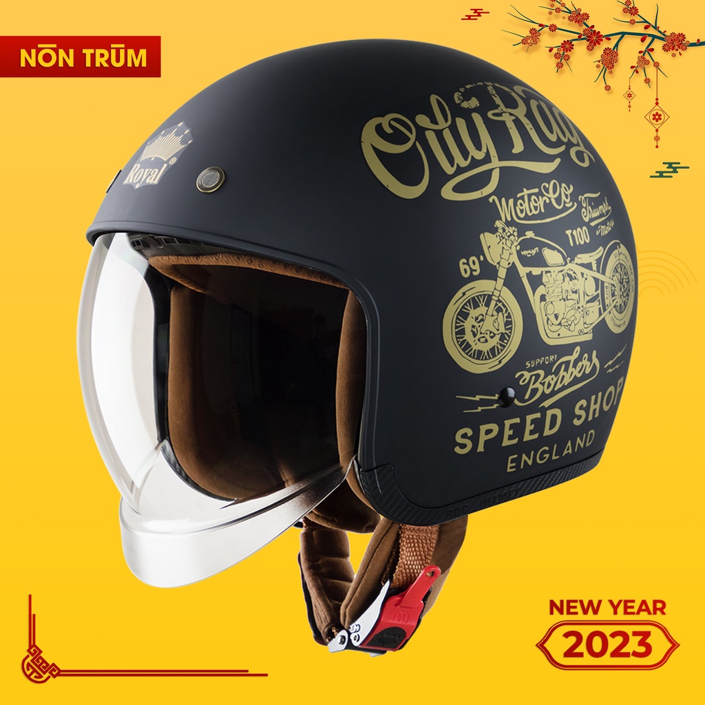 Nón bảo hiểm 3/4 Royal M139 có kính âm hoạt tiết design V5 đen