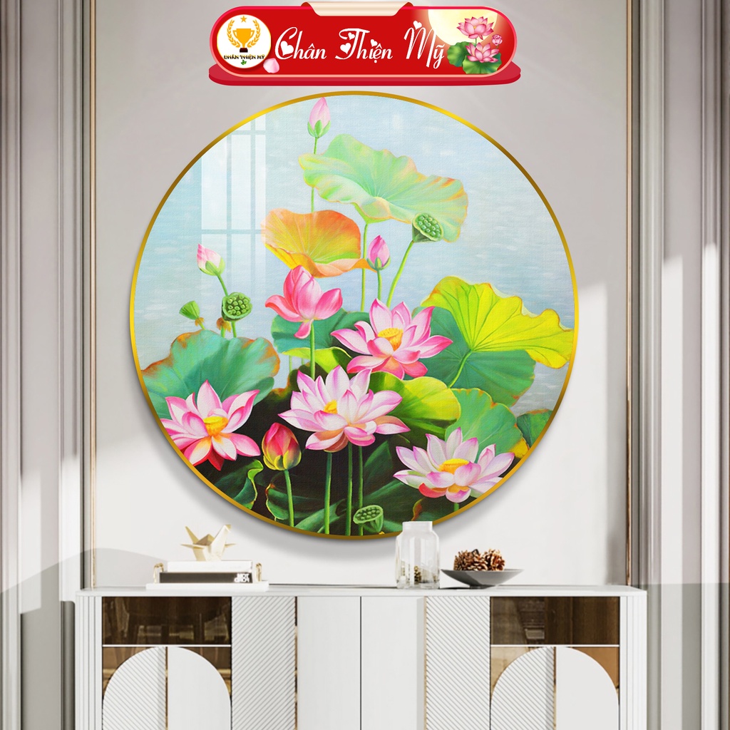 Tranh Tráng Gương Pha Lê Tròn CHÂN THIỆN MỸ, Decor Treo Tường Trang Trí Phòng Sơn Dầu Hoa Sen TG-T1-194