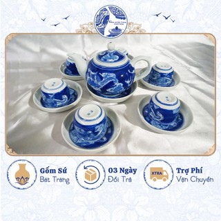 Bộ ấm chén trà đạo men lam dáng chóp tích long ẩn - Gốm sứ Bát Tràng chính hãng