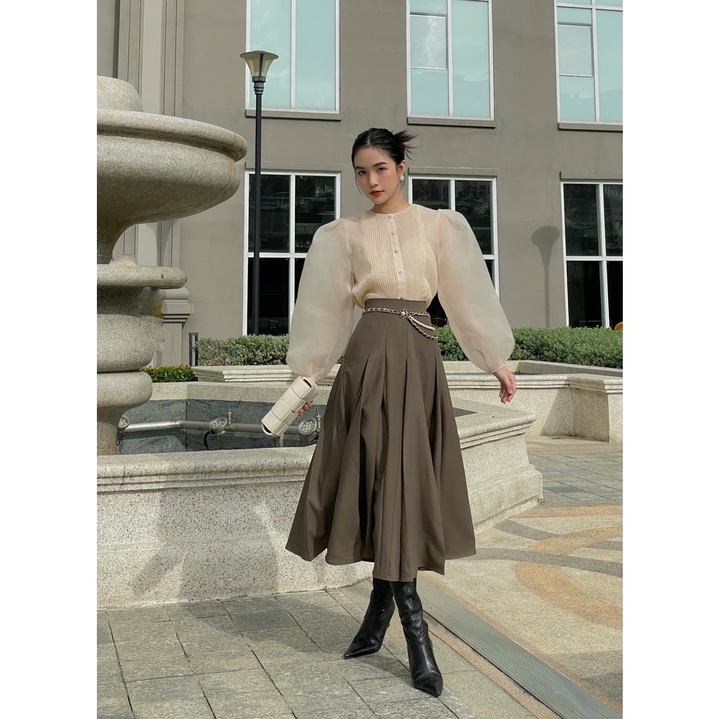 Chân váy midi nữ HUONGBOUTIQUE Z359 dáng dài, can múi 2 màu Nâu & Đen