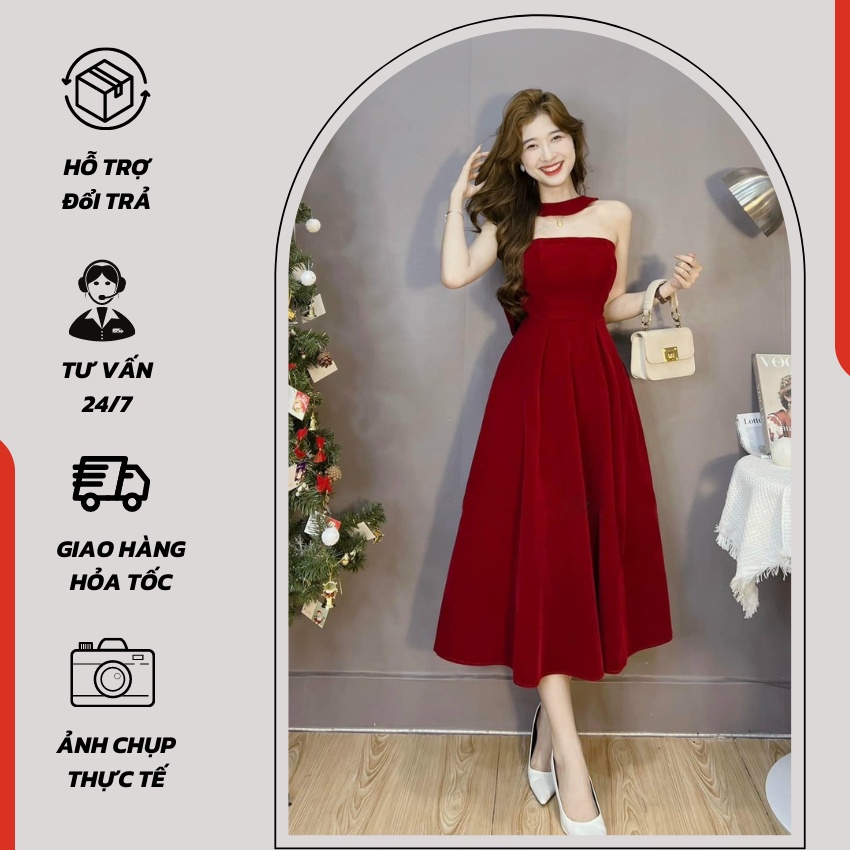 Đầm nhung nữ đãng xòe dây cổ kết nơ lưng, đầm dự tiệc sang chảnh 2 màu đen, đỏ ( có mút ngực )