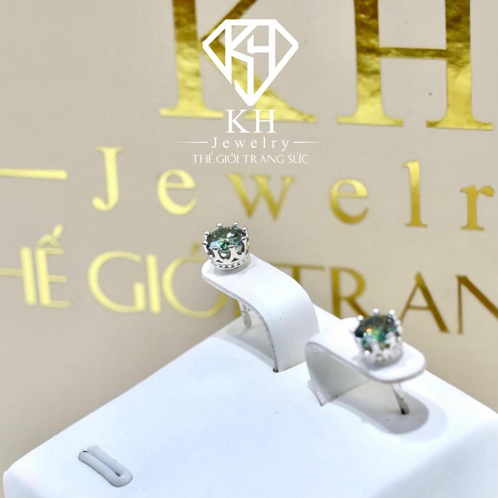 Khuyên Tai Vương Miện Đá Moissanite Cao Cấp - XANH KHJEM05 Xi Kim - Chốt Đẩy