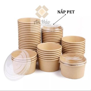 100 Bát giấy kraft nâu 750ml,1000ml, nắp nhựa an toàn chống thấm nước, đựng bún phở, bánh ngọt