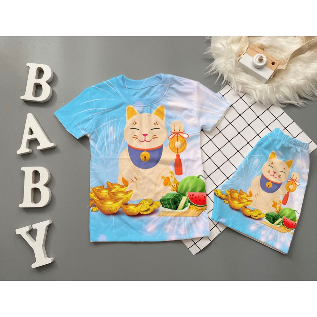 Bộ quần áo tết hình con mèo siêu đẹp chất thun lạnh thái in 3d 10-60kg SUSHI KIDS