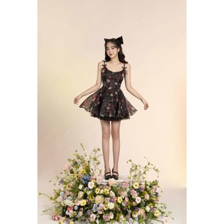 Váy hai dây đính nơ nhỏ xinh chất liệu organza in hoa The Peachy-Quiin Dress