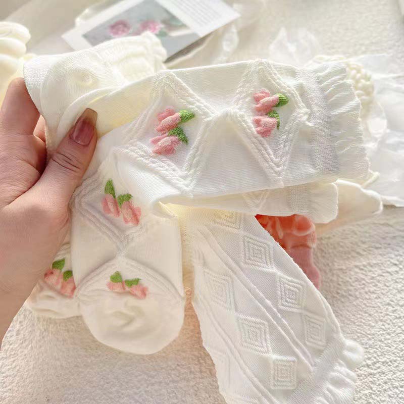 Đôi Vớ Ren Mỏng Cổ Cao Vừa Màu Hồng Dễ Thương Dành Cho Nữ