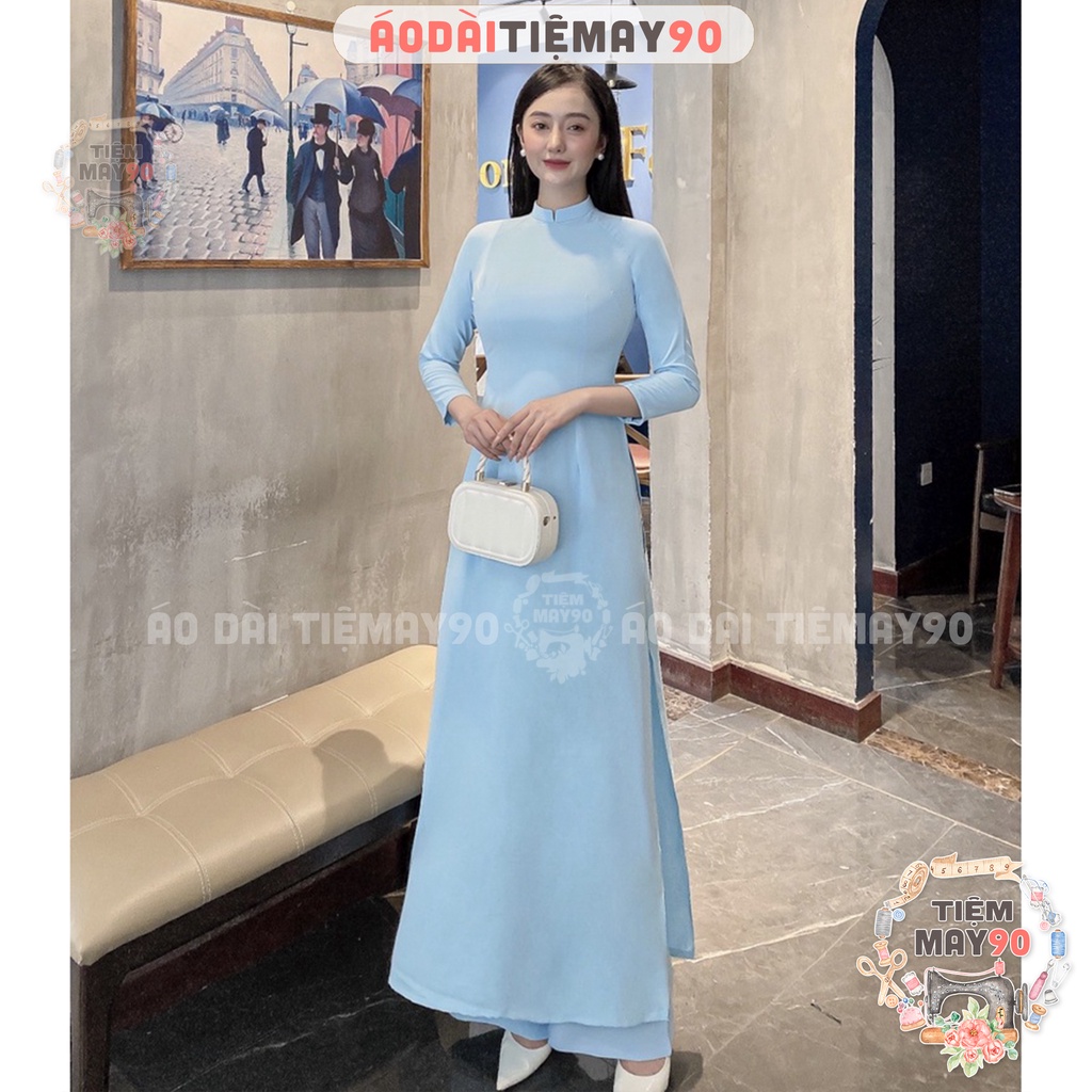 Áo dài truyền thống xanh biển Tiệm 90 May sẵn cổ vuông lụa Mỹ da trời co giãn 4 chiều chụp hình đẹp AD90033