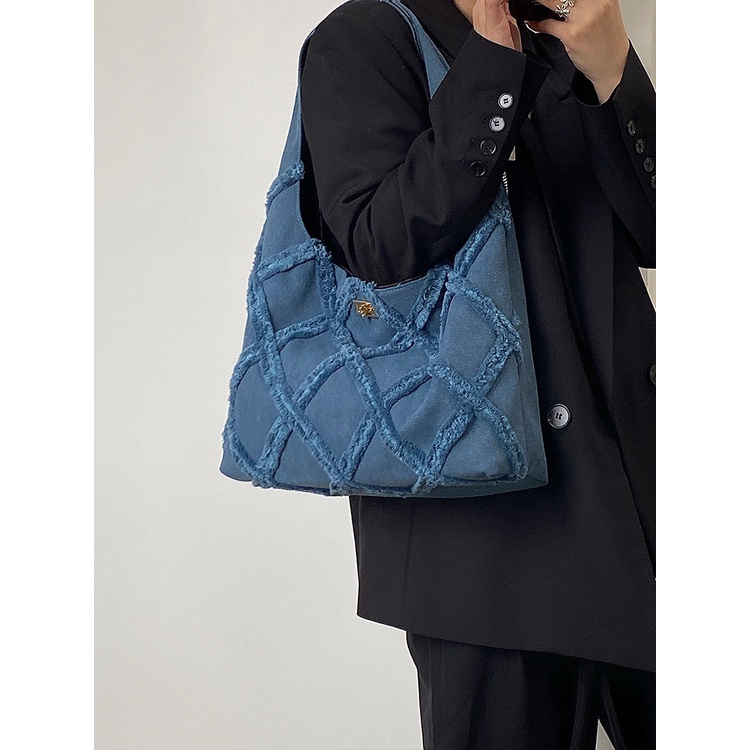 Mischa Túi Đeo Vai Cỡ Lớn Bằng Vải Bạt denim Phối Tua Rua Thời Trang Đường Phố Giản Dị