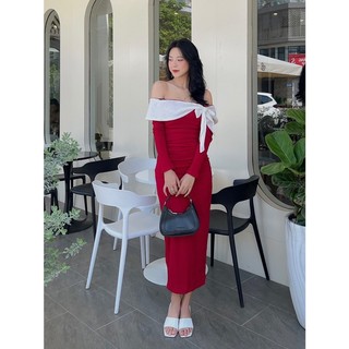 [RÁCH STORE] Đầm Body - 3635 - Trễ Vai Nơ - Nhún - Tay Dài