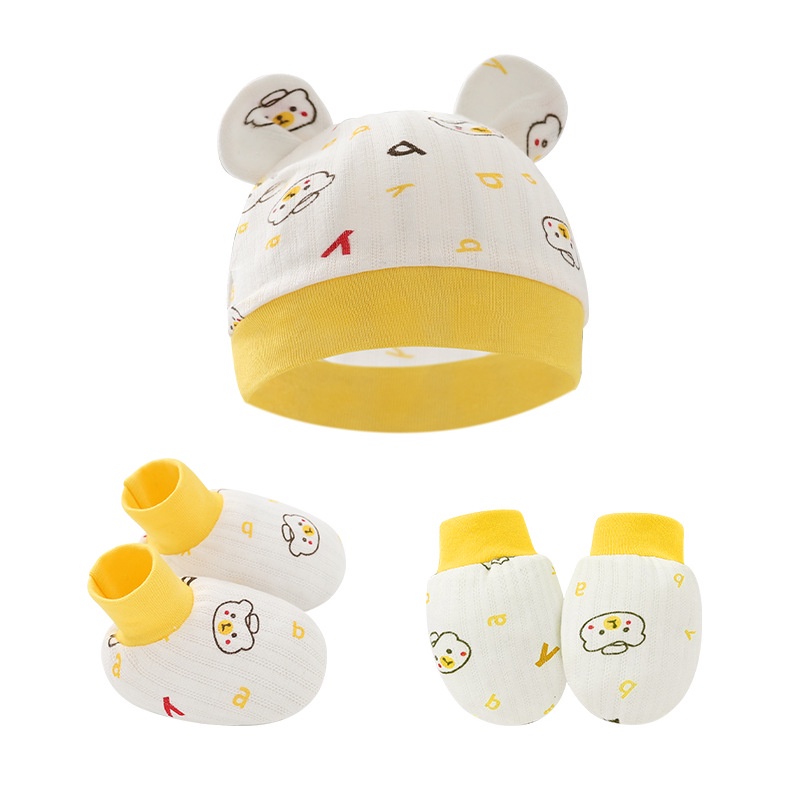 Bộ 3 Đôi Găng Tay + Mũ Cotton Mềm Mại Cho Bé Sơ Sinh 0-6 Tháng Tuổi