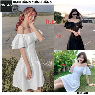 Váy Nữ Trễ Vai Tay Bồng Dáng Xòe Tiểu Thư Style Hàn Quốc 2 Màu Đen Trắng - Đầm Bèo Cánh Tiên Dáng Xuông Điệu Đà - HUZA