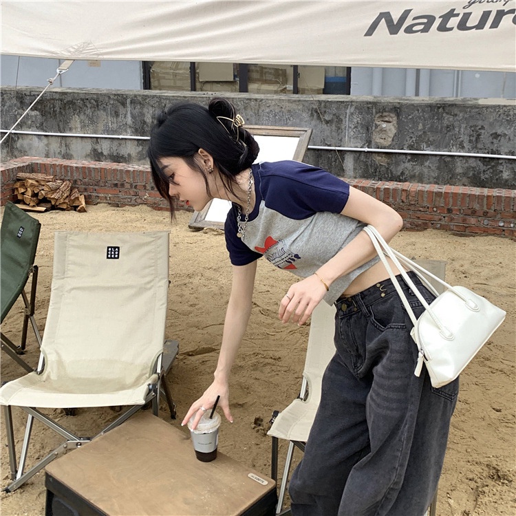 IELGY Áo Thun Ngắn Mỏng Ôm Dáng In Họa Tiết Phong Cách Mỹ Cho Nữ