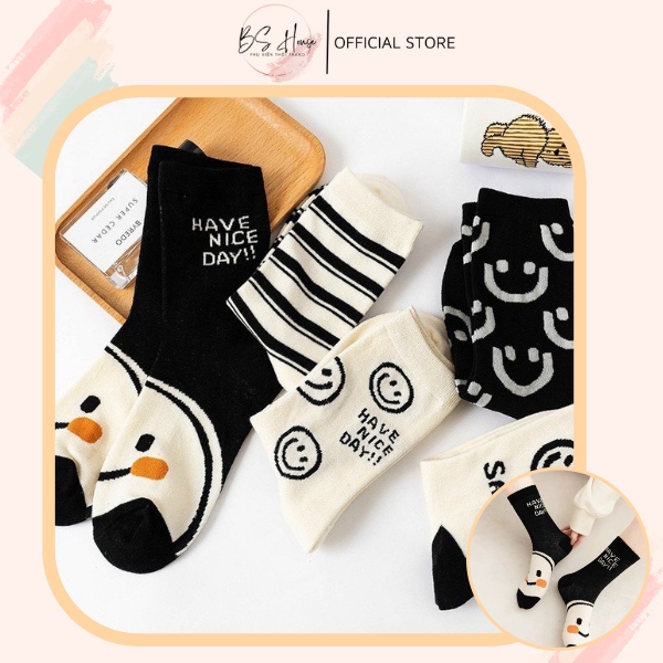 Combo 5 đôi tất chất thun hàn quốc hình mặc cười kèm túi zip