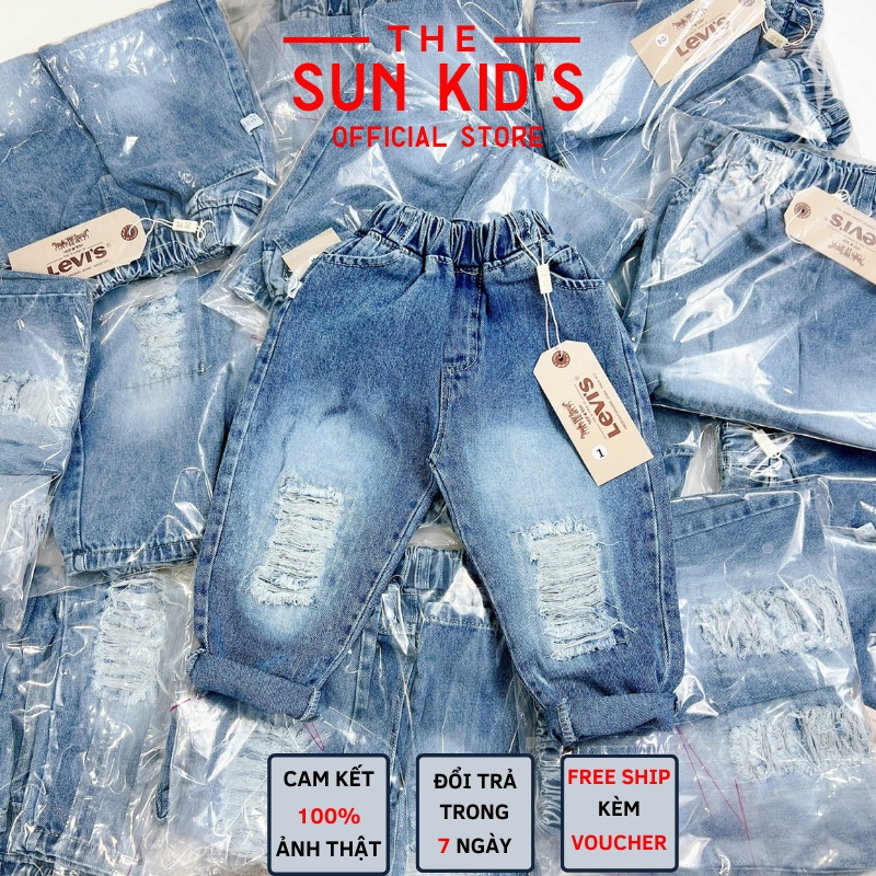 Quần jean bé trai trơn xanh loang mài rách gối phong cách Hàn Quốc cá tính cho bé từ 7 đến 18 kg, SUN KID'S