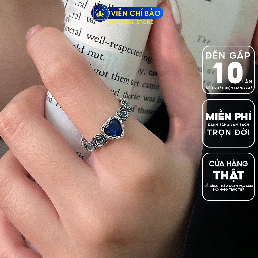 Nhẫn bạc nữ hoa hồng trái tim xanh chất liệu bạc 925 thời trang phụ kiện trang sức Viễn Chí Bảo N000288