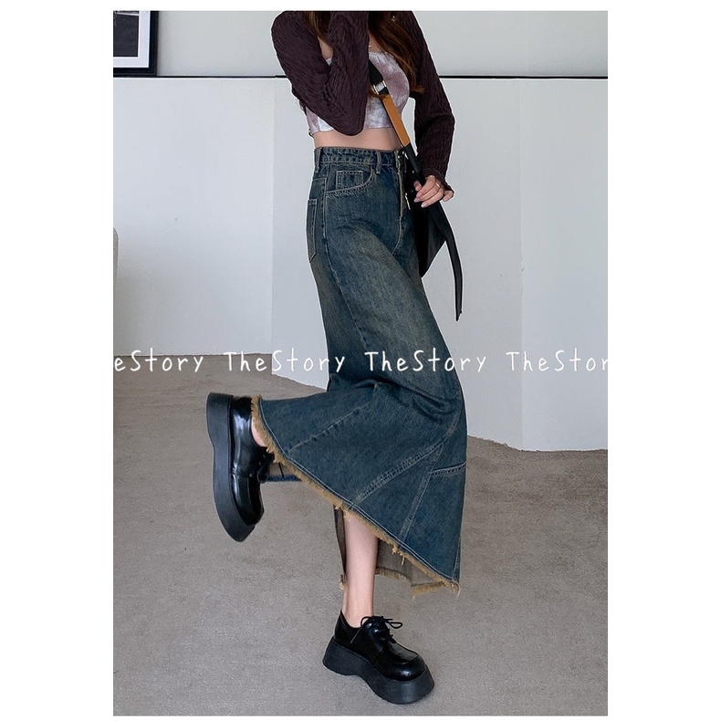 Chân váy jean dài có tua rua dưới gấu  CV354, CV356