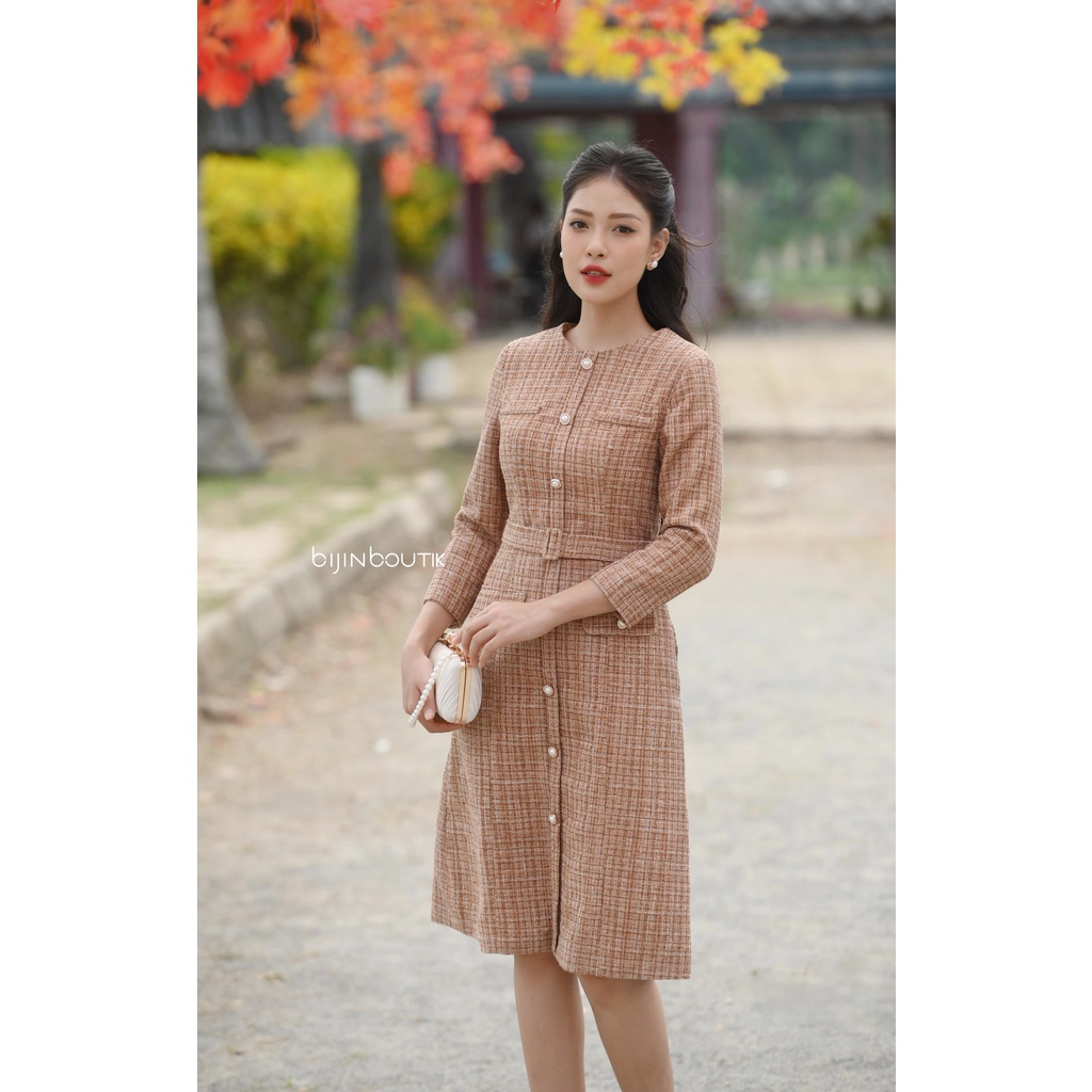 Đầm tweed dáng A cao cấp đính khuy trai sang trọng BIJIN BOUTIK nâu hồng