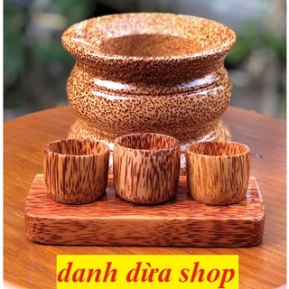 Bộ Bát nhang Bát Hương Lư Hương làm bằng gỗ dừa kèm 3 ly nước cúng và đế