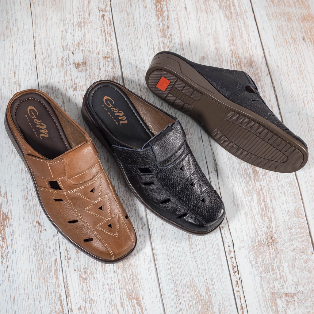 Giày nam da bò bít mũi khâu viên chỉ tam giác cách điệu , xẻ rãnh thoáng mát , Gòm G