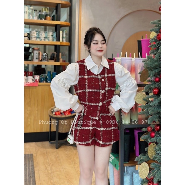Set dạ kẻ đỏ khuy - set 3 món kèm áo sơ mi viền bèo