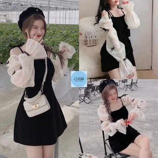 Váy nhung tay voan nơ dài tiểu thư HOT